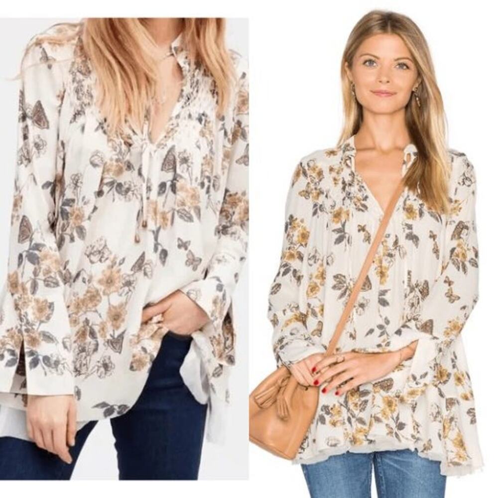 Free People Pebble Crepe So Fine Floral Smocked Tunic Top $108 Size S Small